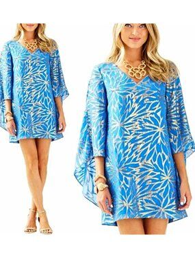 LILLY PULITZER Miri dress silk caftan tunic metallic Lapis Blue Palm Burst 4
